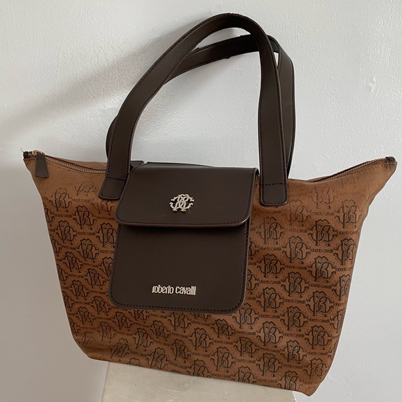 Roberto Cavalli Brown Large Nylon Luxury Designer Shopper Tote - Picture 2 of 14